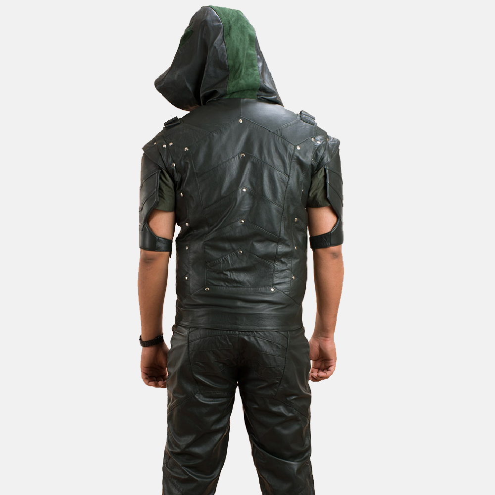 Mens New Green Hood Leather Vest